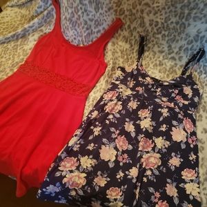 2 Forever21 summer sundresses red lace dress blue floral knot top dress NWOT Med